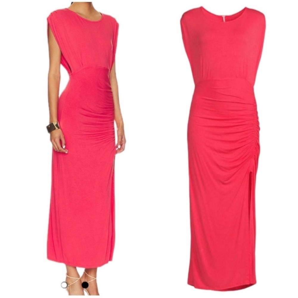 Free People Pink Ruched Maxi Dress with Cap Dolman Sleeves